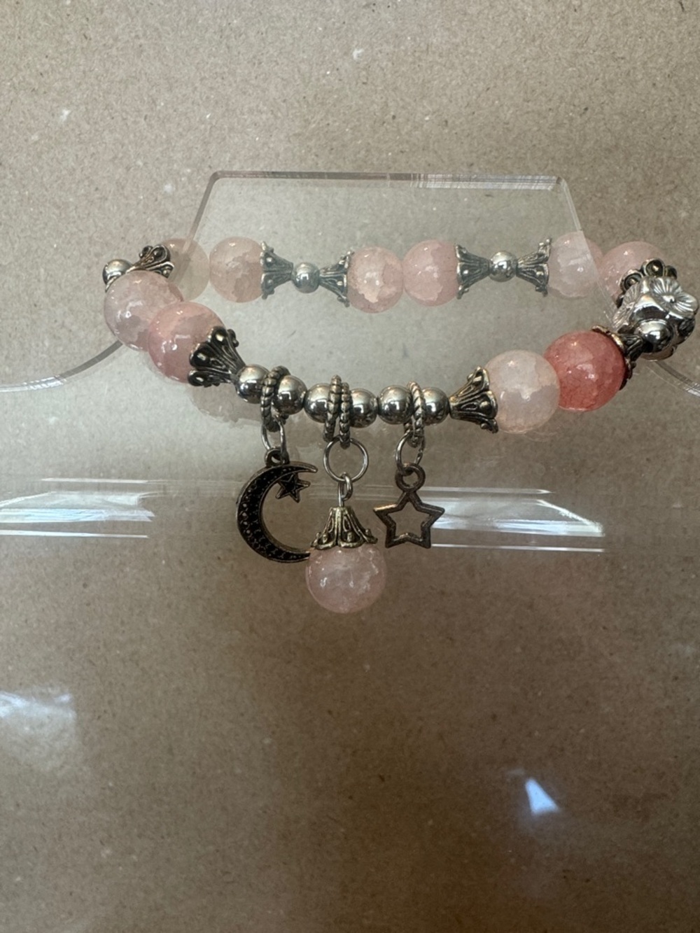 Pink Beaded Charm Bracelet with Moon & Star Accents